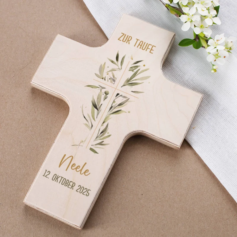 Holzkreuz mit Ölzweig zur Kommunion, Konfirmation oder Taufe