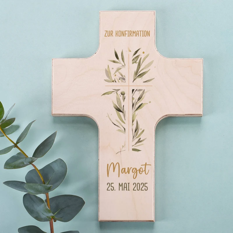 Holzkreuz mit Ölzweig zur Kommunion, Konfirmation oder Taufe
