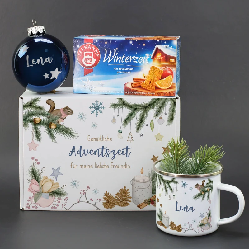 Gemütliche Weihnachten - Geschenkset mit Christbaumkugel, Tee, Emailletasse und Geschenkbox