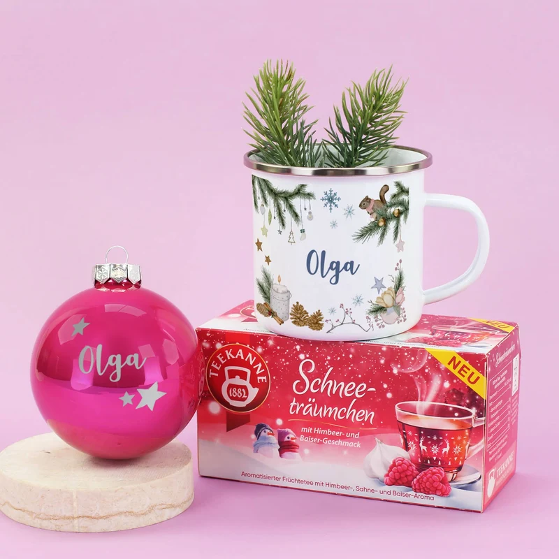 Gemütliche Weihnachten - Geschenkset mit Christbaumkugel, Tee, Emailletasse und Geschenkbox
