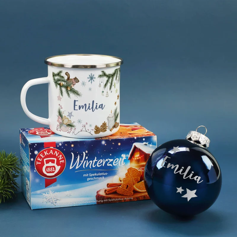 Gemütliche Weihnachten - Geschenkset mit Christbaumkugel, Tee, Emailletasse und Geschenkbox