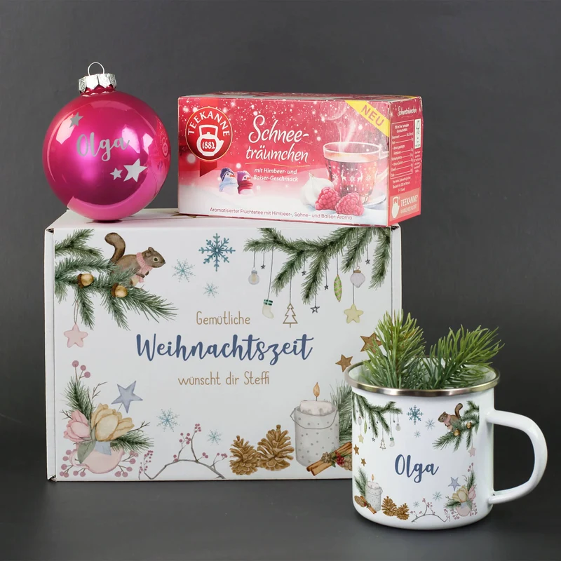 Gemütliche Weihnachten - Geschenkset mit Christbaumkugel, Tee, Emailletasse und Geschenkbox