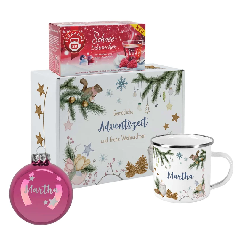 Gemütliche Weihnachten - Geschenkset mit Christbaumkugel, Tee, Emailletasse und Geschenkbox