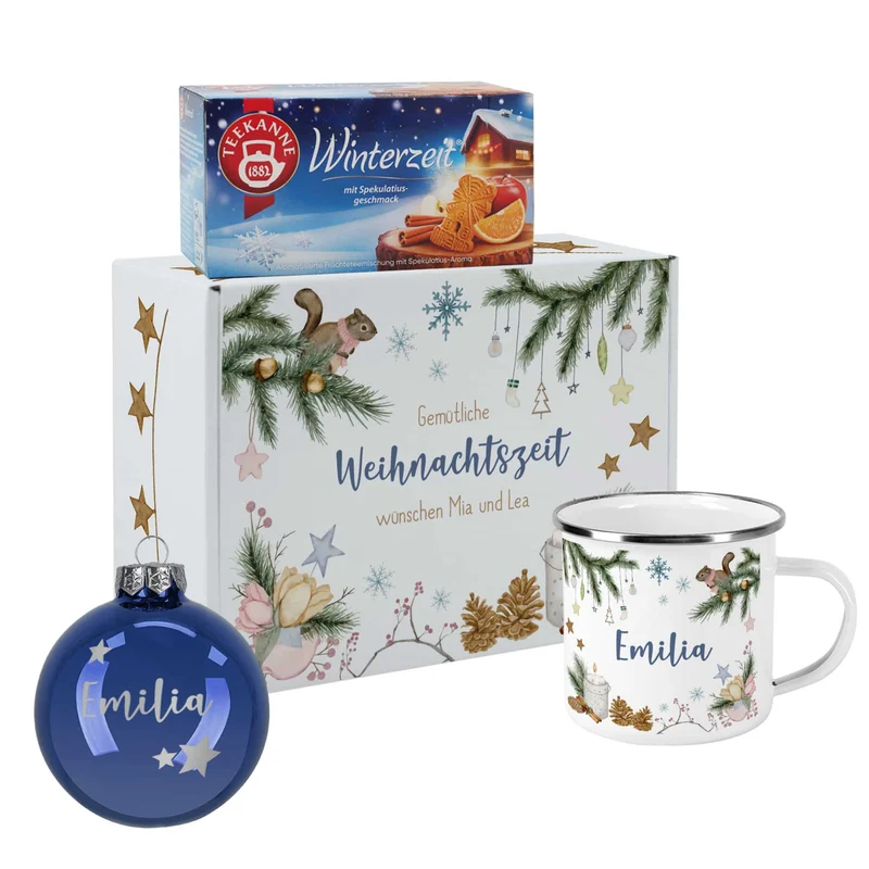 Gemütliche Weihnachten - Geschenkset mit Christbaumkugel, Tee, Emailletasse und Geschenkbox
