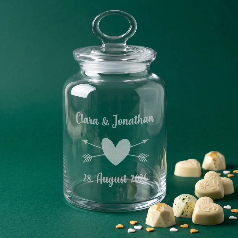 Das perfekte Hochzeitsgeschenk - Gravierte Glasdose mit Herz und Wunschtext graviert