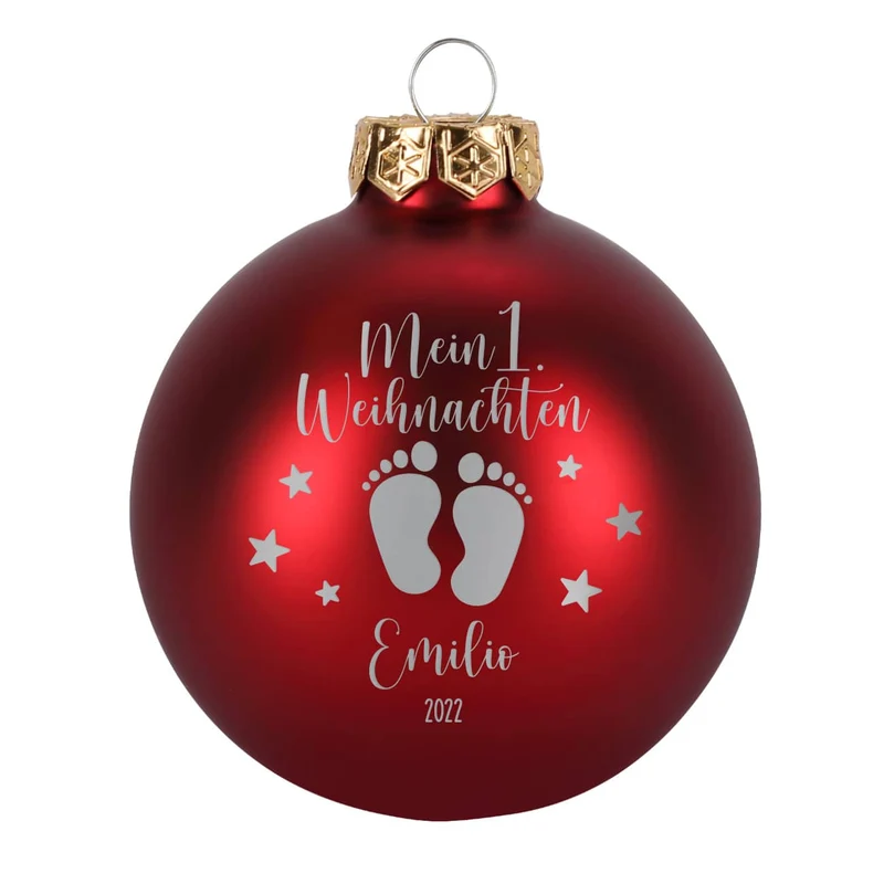 Mein 1. Weihnachten - Weihnachtskugel mit Babyfüßchen und Sternchen graviert