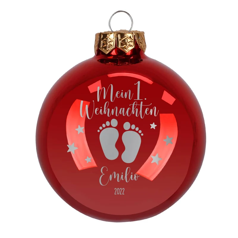 Mein 1. Weihnachten - Weihnachtskugel mit Babyfüßchen und Sternchen graviert