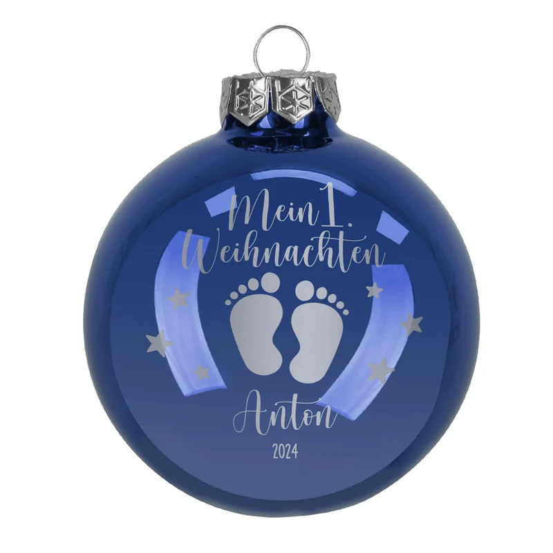 Mein 1. Weihnachten - Weihnachtskugel mit Babyfüßchen und Sternchen graviert