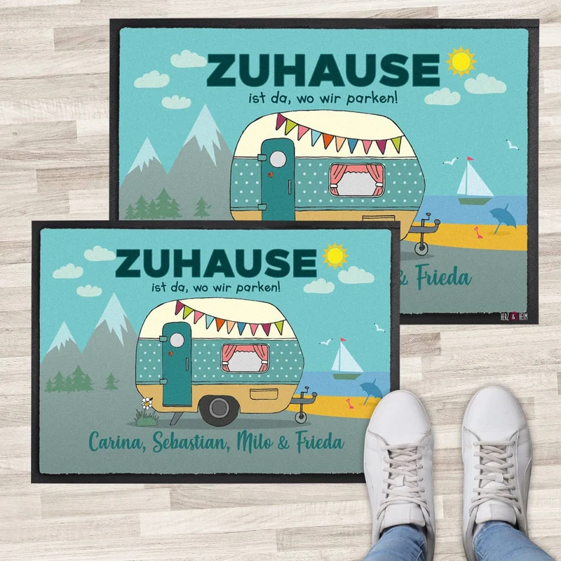 Camping-Fußmatte mit Wohnwagen und Wunschtext