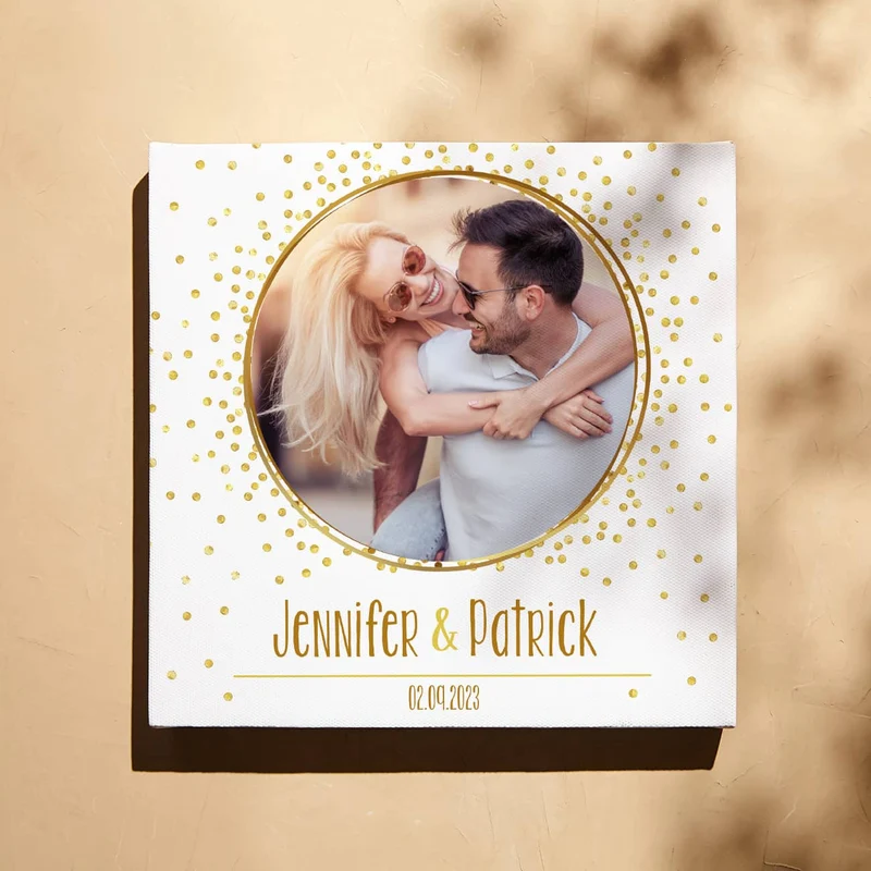 Quadratische Fotoleinwand mit goldenem Motiv zur Hochzeit