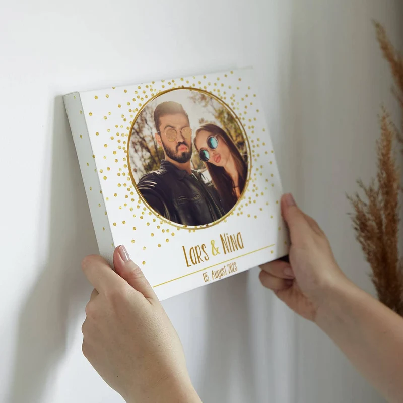 Quadratische Fotoleinwand mit goldenem Motiv zur Hochzeit