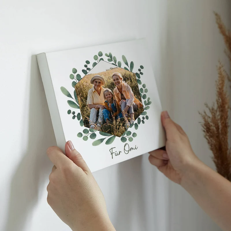 Leinwand 20x20cm mit Familienfoto und Eukalyptuskranz