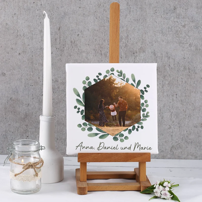 Leinwand 20x20cm mit Familienfoto und Eukalyptuskranz
