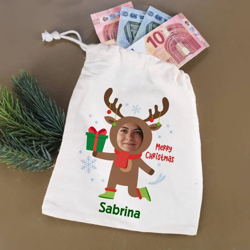 Kleiner Geschenksack mit Weihnachtsfigur, Foto & Name - 5 Motive wählbar