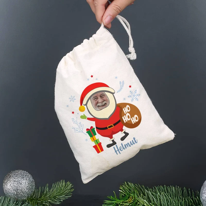 Kleiner Geschenksack mit Weihnachtsfigur, Foto & Name - 5 Motive wählbar