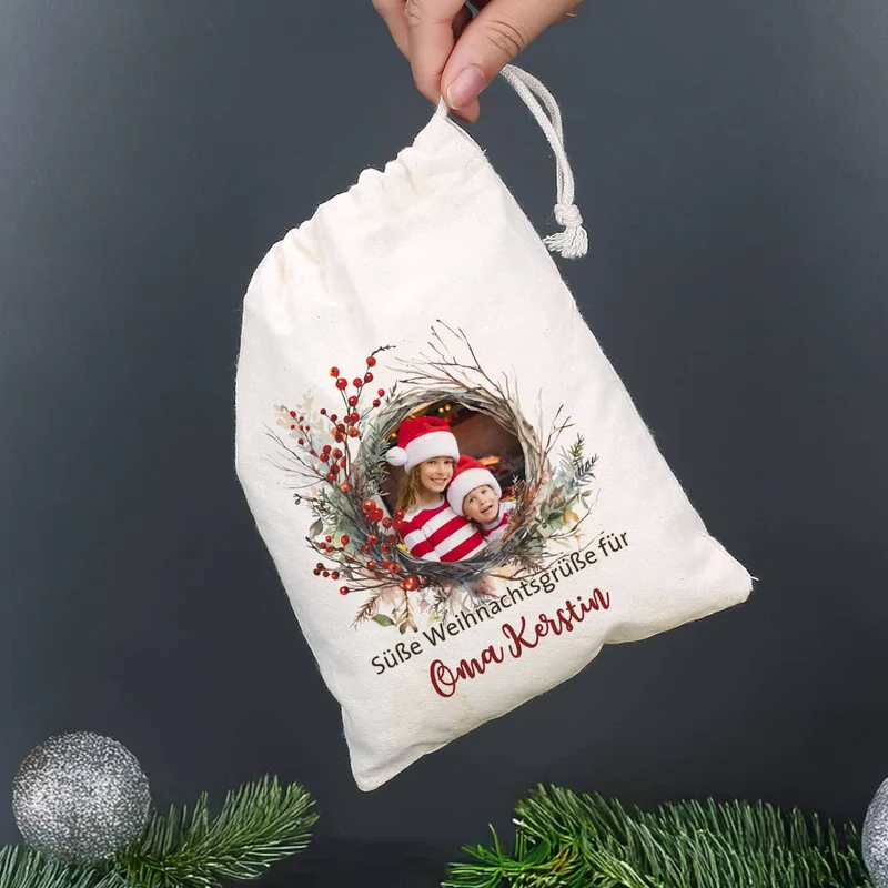 Kleiner Geschenksack zu Weihnachten mit Foto, Wunschtext & Name
