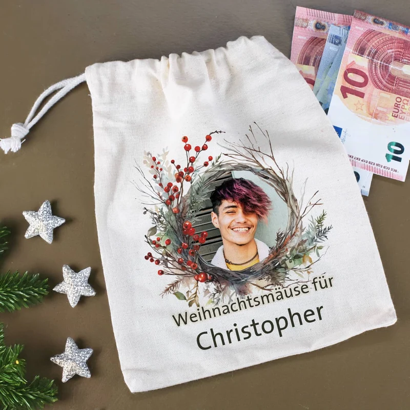 Kleiner Geschenksack zu Weihnachten mit Foto, Wunschtext & Name