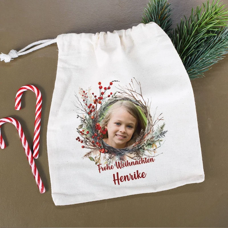 Kleiner Geschenksack zu Weihnachten mit Foto, Wunschtext & Name