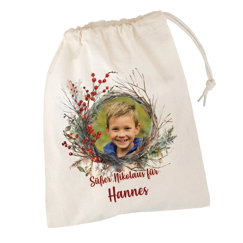Kleiner Geschenksack zu Weihnachten mit Foto, Wunschtext & Name