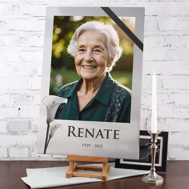 Trauer Leinwand für Beerdigungen personalisiert mit Foto, Name & Datum | Calla-Motiv