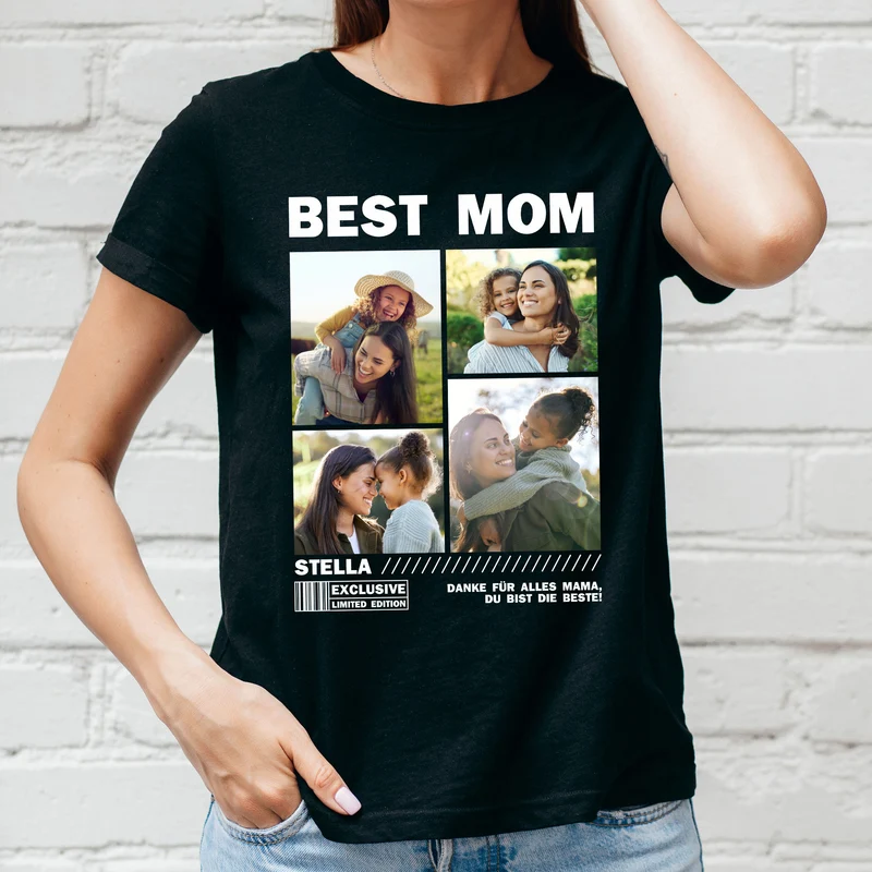 Personalisiertes Damen T-Shirt mit Fotocollage für Mama, Oma, Freundin & mehr | Schwarz | Muttertagsgeschenk
