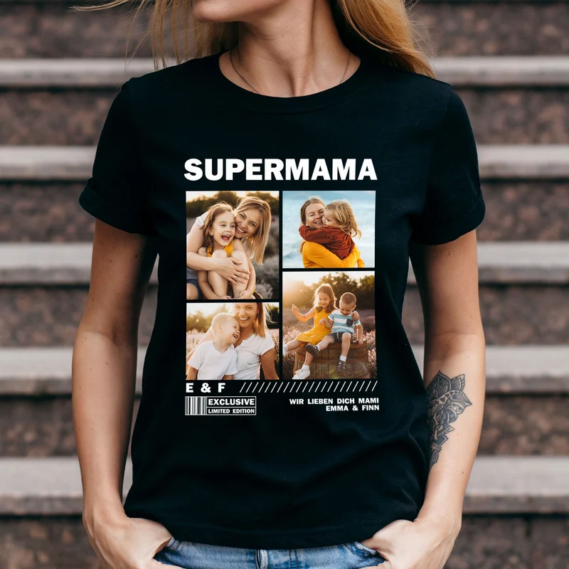 Personalisiertes Damen T-Shirt mit Fotocollage für Mama, Oma, Freundin & mehr | Schwarz | Muttertagsgeschenk