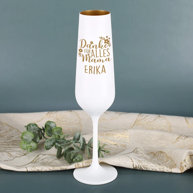 Personalisiertes Sektglas graviert mit Name zum Muttertag oder Geburtstag | Weiß-Gold | Danke Mama