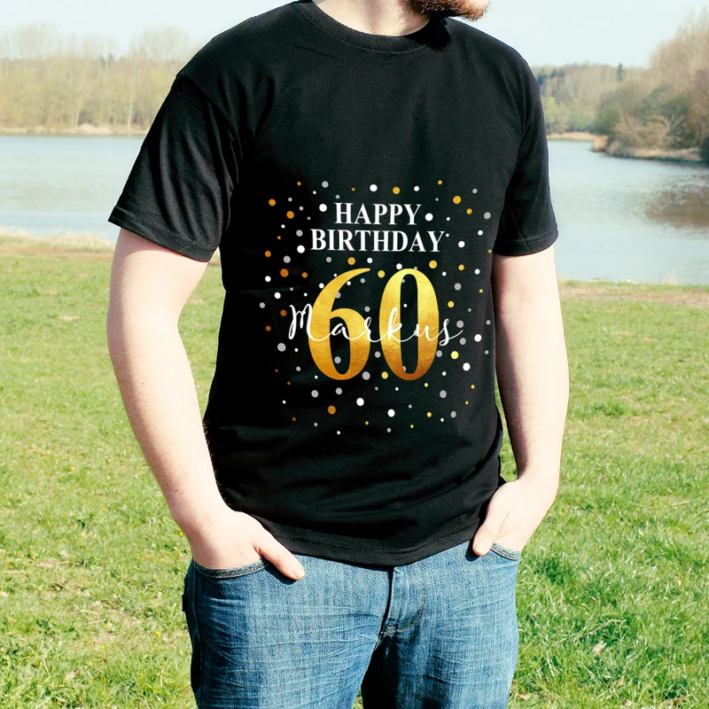 Geburtstags T-Shirt mit Konfetti-Design - personalisiert mit Name & Jahreszahl | Herren | Schwarz