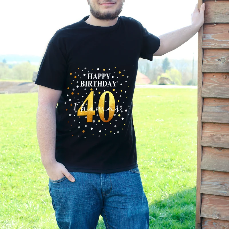 Geburtstags T-Shirt mit Konfetti-Design - personalisiert mit Name & Jahreszahl | Herren | Schwarz