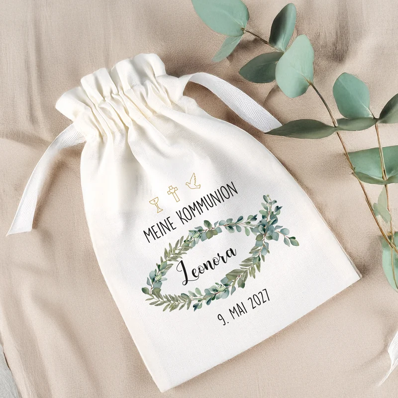 Geschenksäckchen zur Taufe, Kommunion, Konfirmation | Personalisiert | Eukalyptus Fisch