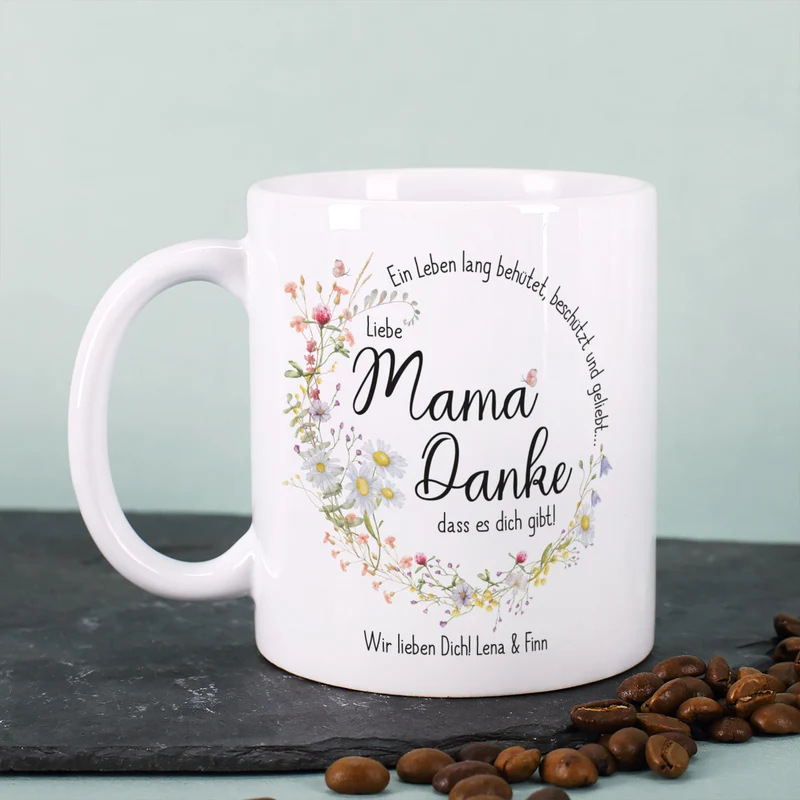 Personalisierte Tasse für Mama zum Muttertag o. Geburtstag | Wiesenblumen