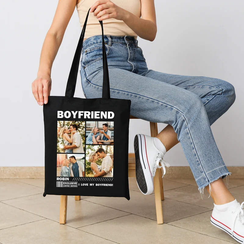 Personalisierter Jutebeutel mit Fotos und Wunschtext in Schwarz