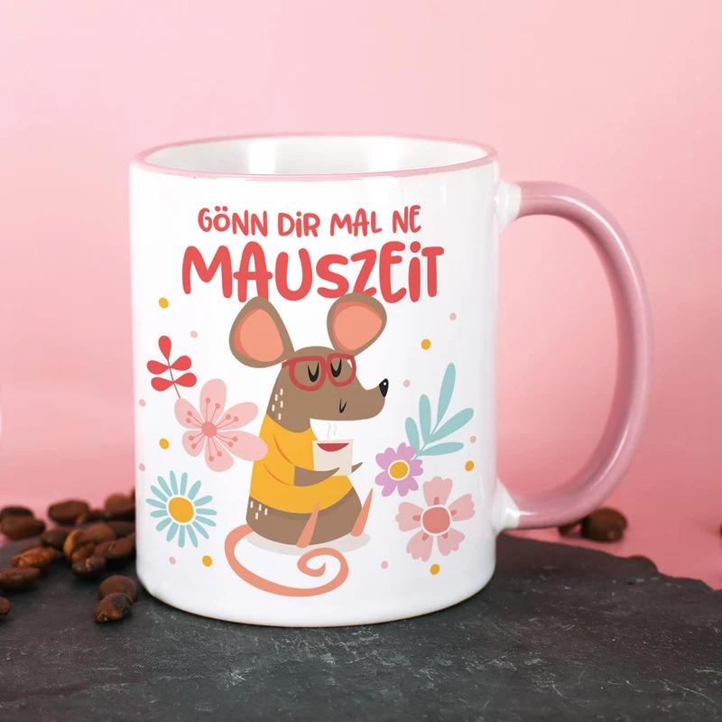 Tasse "Gönn dir mal ne Mauszeit" personalisiert mit Name | Rosa Rand & Henkel