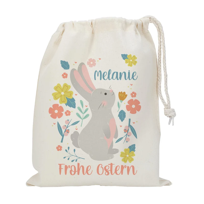 Individueller Osterbeutel mit niedlichem Hasen, Blumen & Wunschname