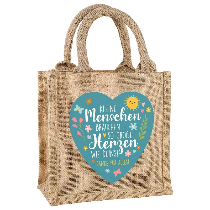 Jute-Geschenktüte als Dankeschön für Erzieher mit Wunschtext und Herz-Motiv