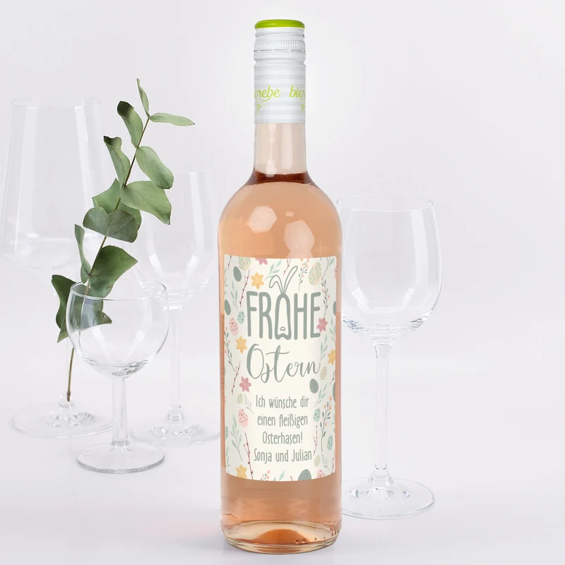 Biorebe Wein "Frohe Ostern" mit Wunschtext und pastellfarbenen Ostermotiven