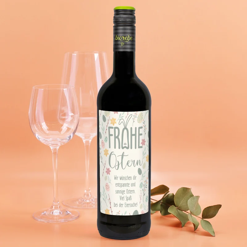 Biorebe Wein "Frohe Ostern" mit Wunschtext und pastellfarbenen Ostermotiven