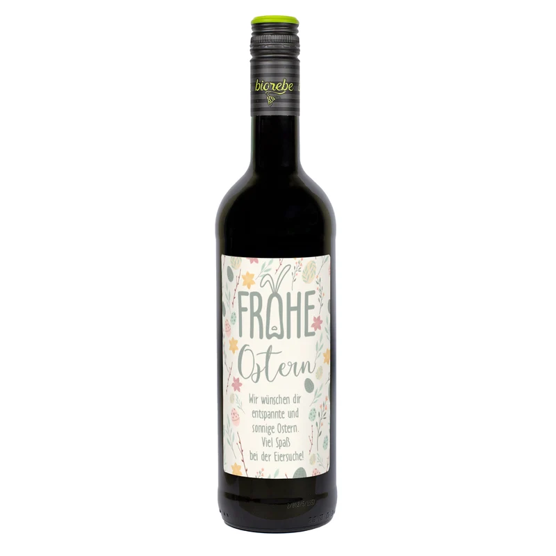 Biorebe Wein "Frohe Ostern" mit Wunschtext und pastellfarbenen Ostermotiven