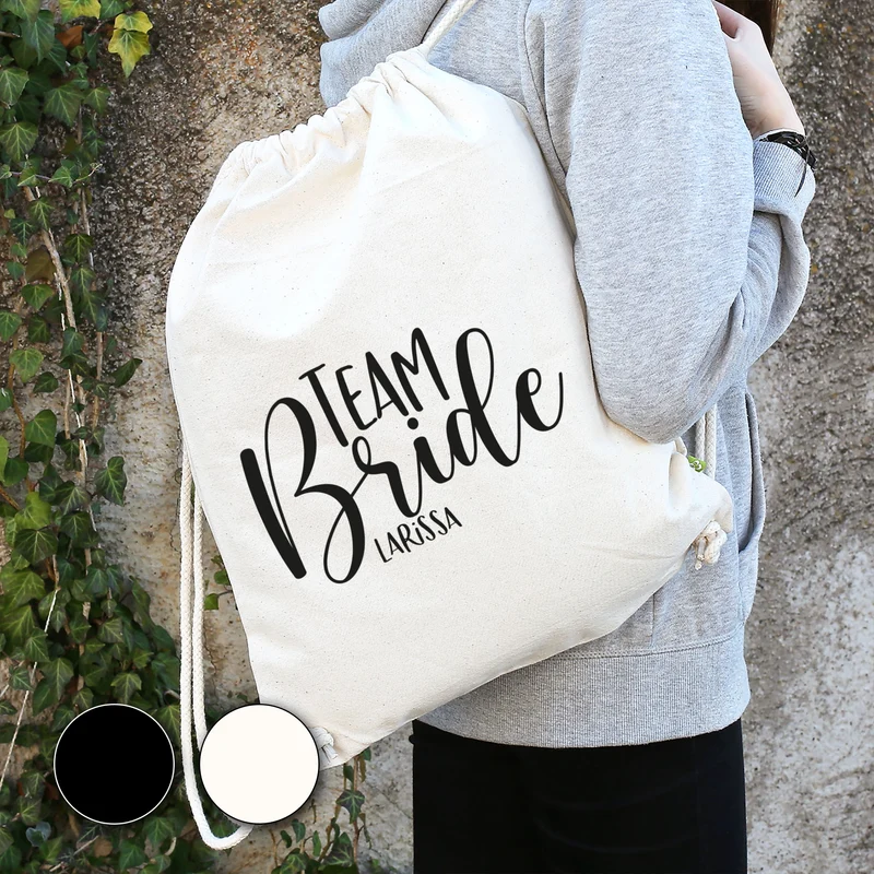JGA Baumwoll-Rucksack mit Wunschname | Team Bride | Schwarz & Natur