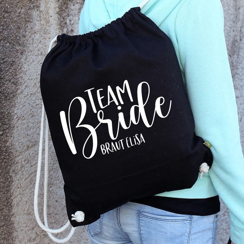 JGA Baumwoll-Rucksack mit Wunschname | Team Bride | Schwarz & Natur