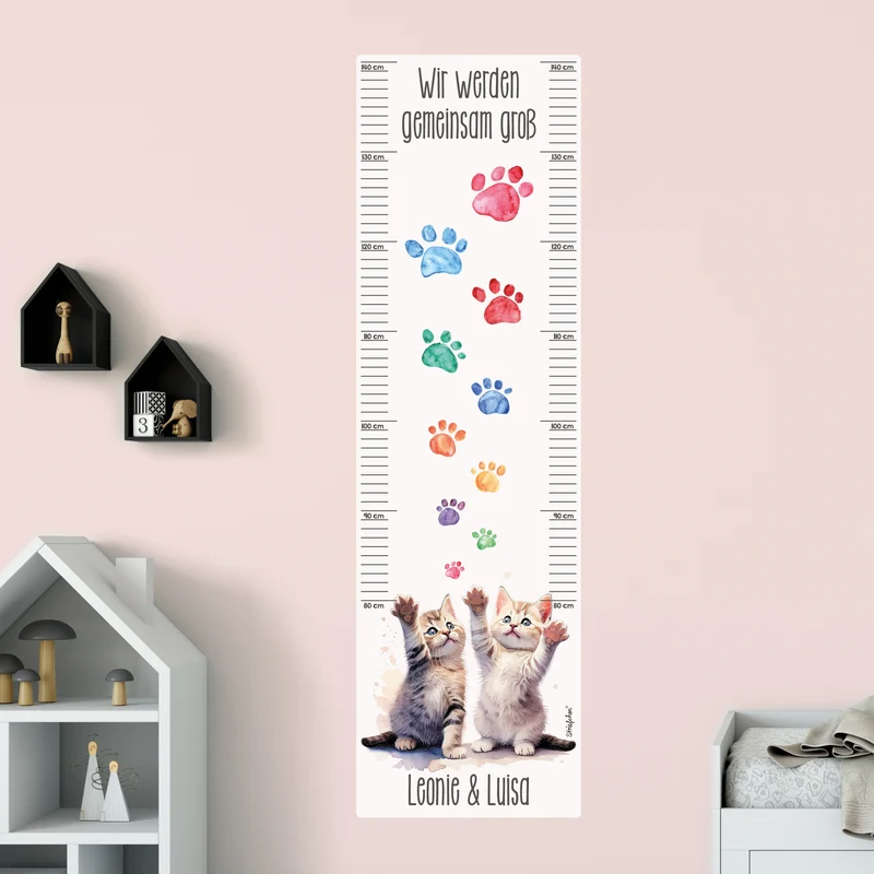 Wandtattoo Messlatte Katzen-Zwillinge mit Namensaufdruck für Geschwister