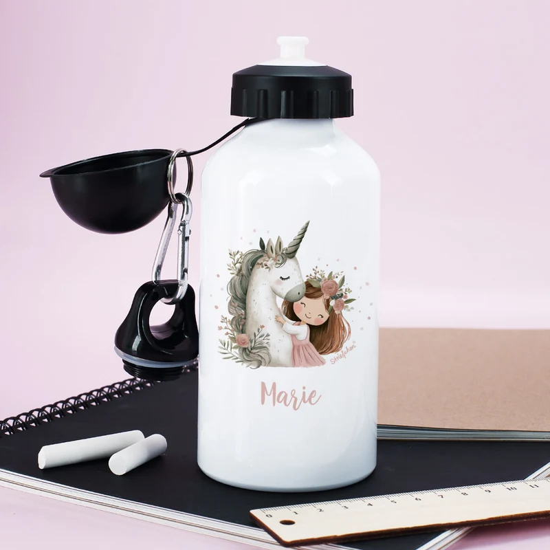 Personalisierte Aluminium-Trinkflasche im niedlichen Einhorn-Design mit Name bedruckt