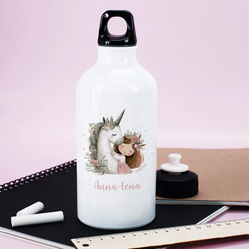 Personalisierte Aluminium-Trinkflasche im niedlichen Einhorn-Design mit Name bedruckt