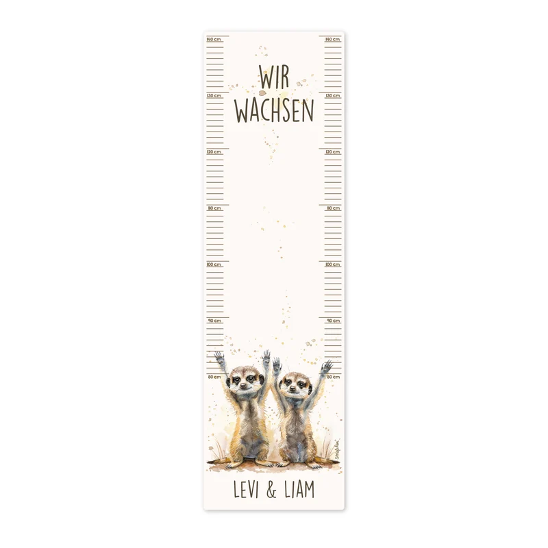 Wandtattoo Messlatte Erdmännchen-Zwillinge mit Namensaufdruck