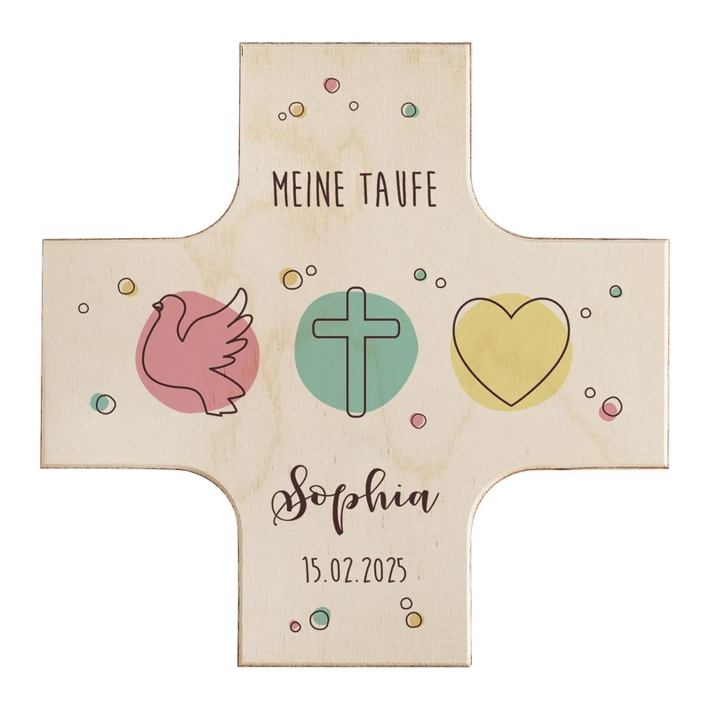 Holzkreuz zur Taufe, Kommunion oder Konfirmation mit Taube, Kreuz & Herz Motiv