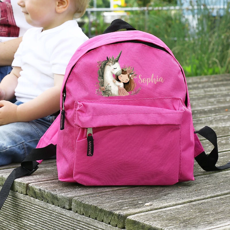 Kindergartenrucksack mit Einhorn, Prinzessin & Name | Rosa/Pink