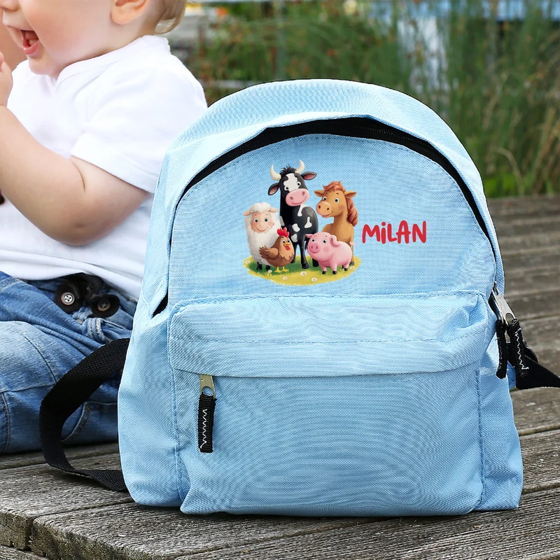 Kinderrucksack mit Tiermotiven in Blau für Jungen | Modell: Bauernhof