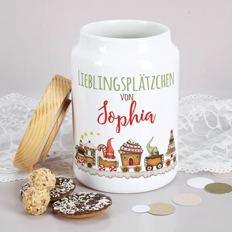 Keramikdose für Kinder - Lieblingsplätzchen - mit Wichtel Weihnachtszug und Name