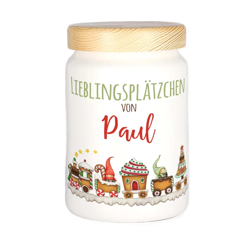 Keramikdose für Kinder - Lieblingsplätzchen - mit Wichtel Weihnachtszug und Name