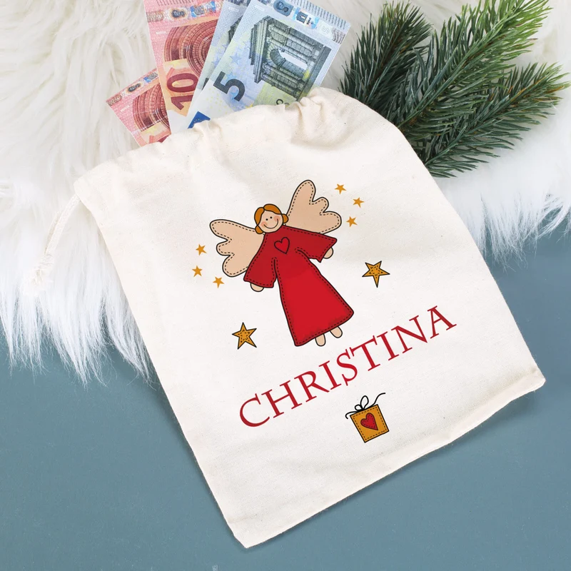 Geschenkverpackung - kleiner Baumwollsack mit Engel und Wunschname